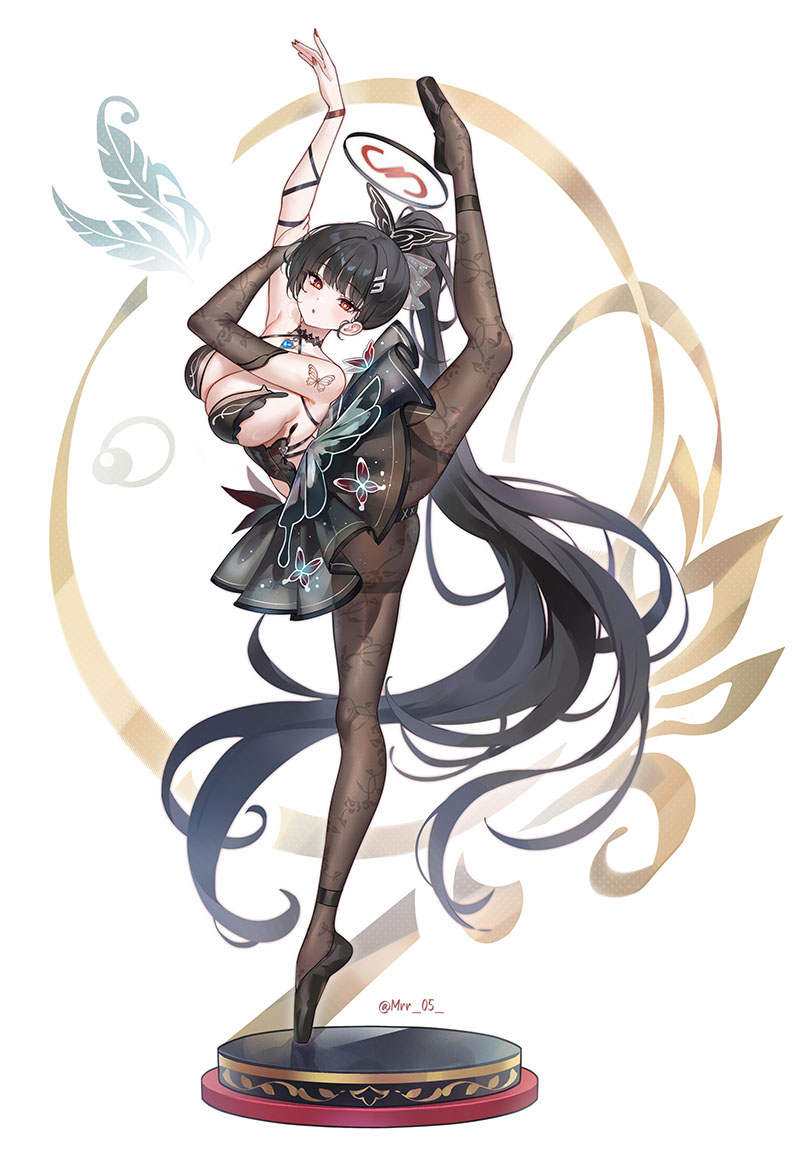 1girl alternate_costume black_hair blue_archive blunt_bangs blush breasts bright_pupils chinese_clothes dress full_body halo large_breasts long_hair looking_at_viewer mrr_05 pantyhose red_eyes rio_(blue_archive) simple_background solo standing standing_on_one_leg very_long_hair white_background