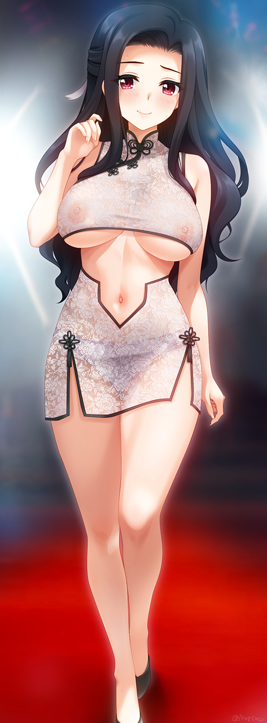1girl backlighting bare_legs bare_shoulders black_hair black_panties breasts center_opening closed_mouth commission dress forehead hand_up highres irori_(irorixc) large_breasts long_hair looking_at_viewer mahouka_koukou_no_rettousei navel nipples panties red_carpet red_eyes saegusa_mayumi see-through_clothes see-through_dress short_dress sidelocks skeb_commission sleeveless sleeveless_dress smile solo underwear walking white_dress