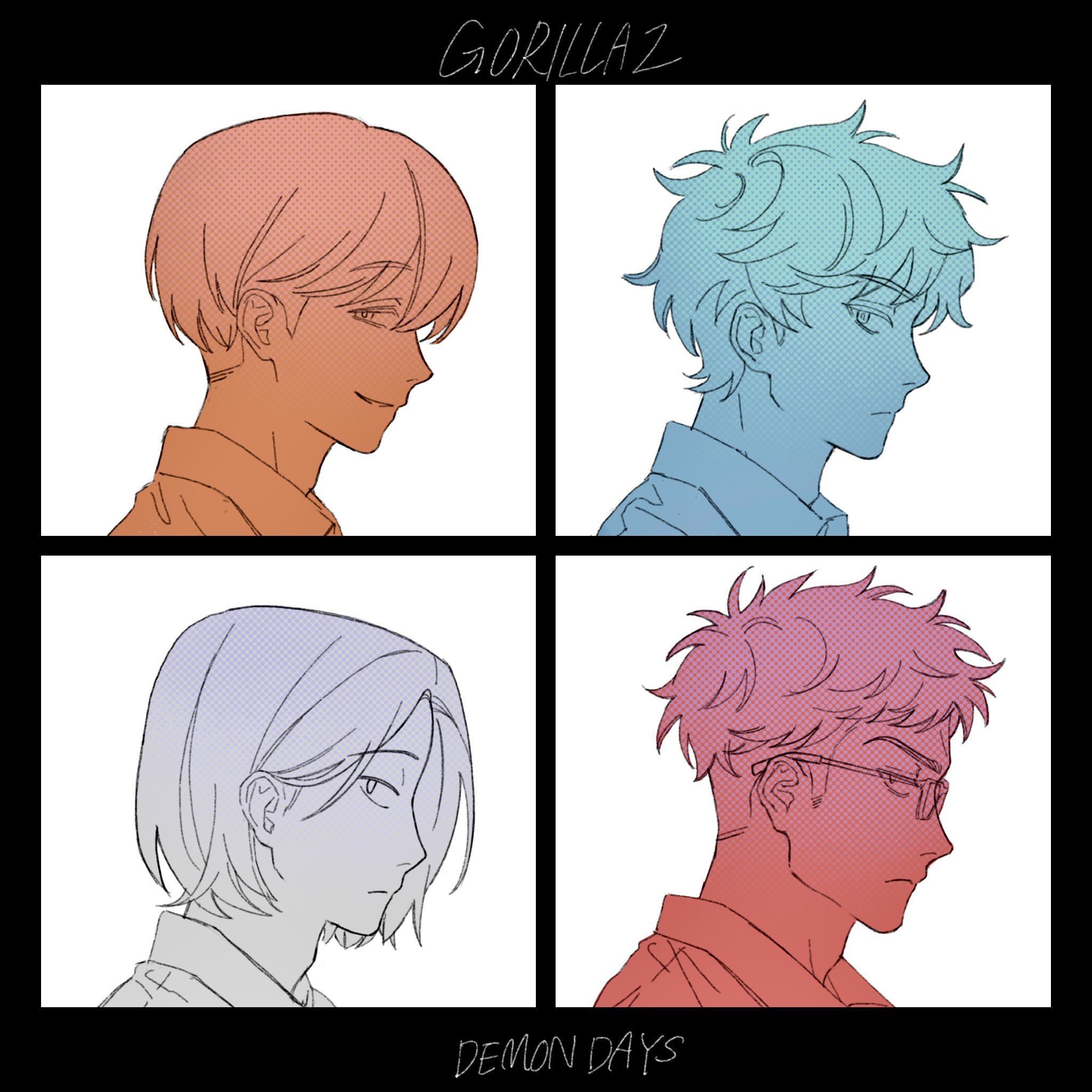 4boys album_cover_redraw album_name closed_mouth collared_shirt commentary_request demon_days_(gorillaz) derivative_work from_side futsuu_no_keion-bu glasses gorillaz group_name highres looking_at_viewer male_focus mizuo_haruichi multiple_boys multiple_monochrome portrait profile protocol._(futsuu_no_keion-bu) shirt short_hair smile taguchi_ryuuya takami_kouki tohno_gen tsurime very_short_hair wavy_hair za_(sametapizza_)