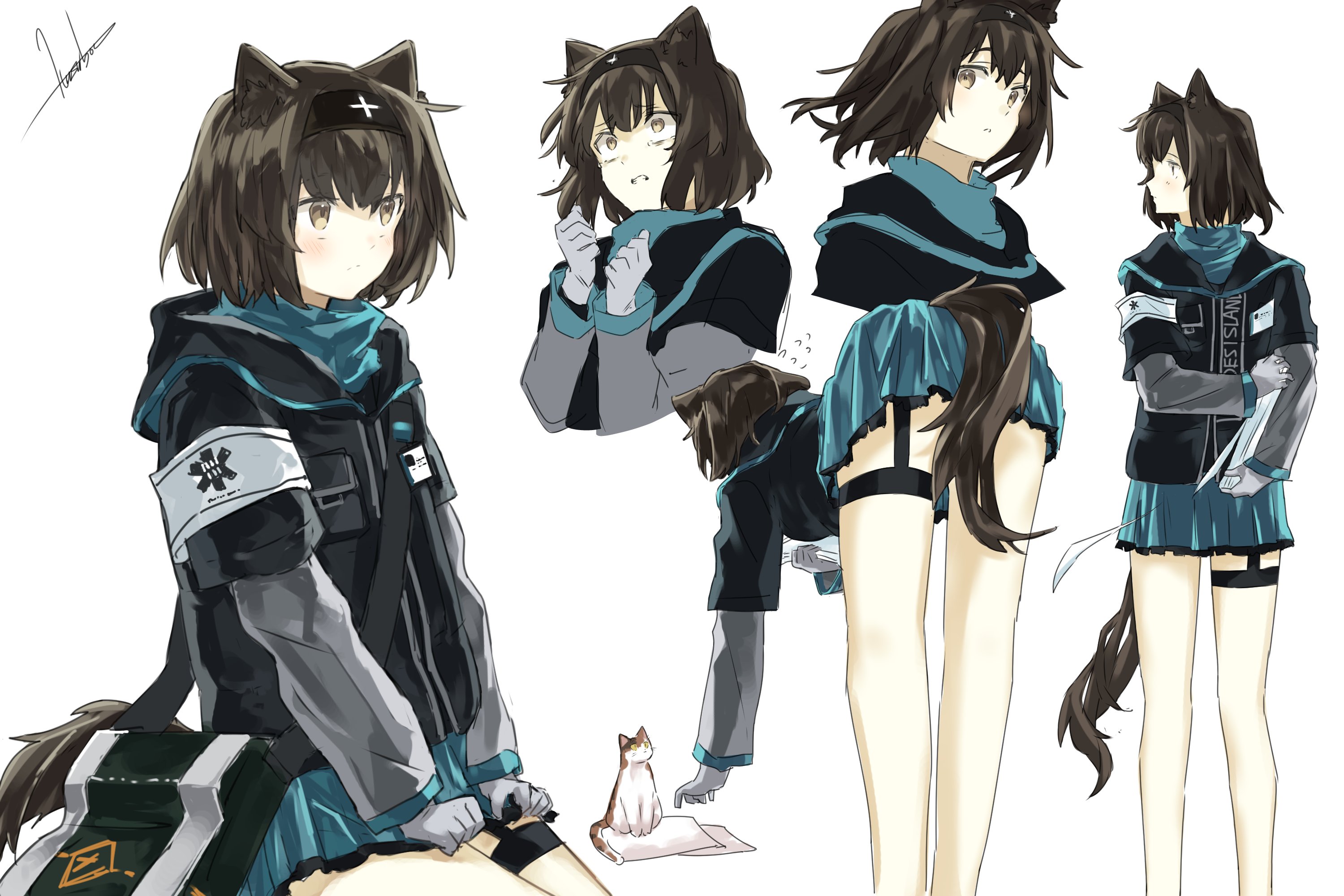 1girl animal animal_ears arknights armband ass bag bent_over black_hair black_hairband black_jacket blue_skirt brown_eyes cat clenched_teeth commentary_request flying_sweatdrops gloves grey_gloves grey_shirt hair_between_eyes hairband hasubou_(isaribashi) highres holding hood hood_down hooded_jacket jacket layered_sleeves long_sleeves looking_away multiple_views pleated_skirt rhodes_island_medic_(arknights) shirt short_over_long_sleeves short_sleeves shoulder_bag simple_background skirt tail teeth white_background