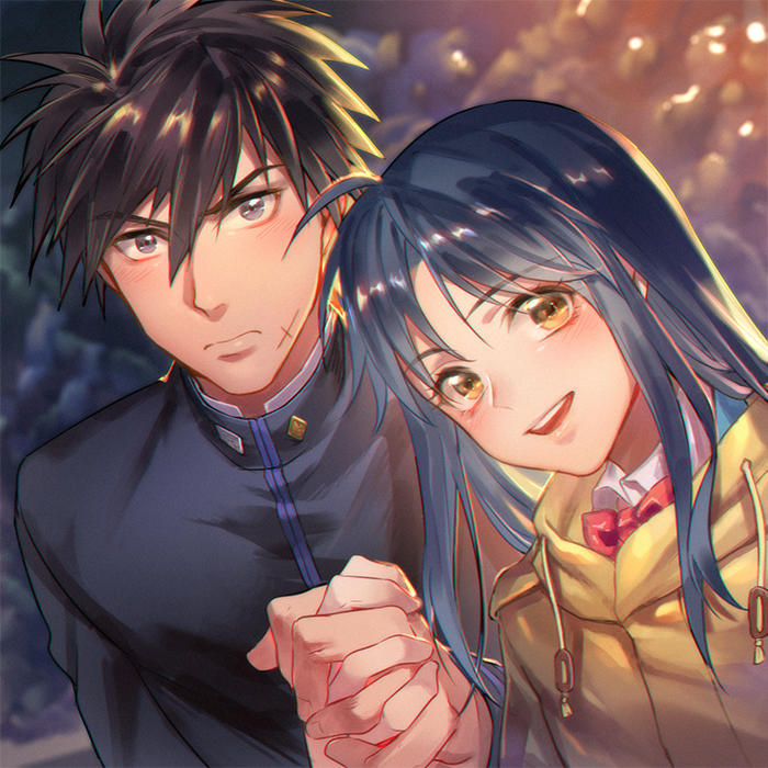 1boy 1girl :d ahoge black_jacket blue_hair blush bow bowtie brown_hair chidori_kaname coat couple facial_scar full_metal_panic! hair_between_eyes holding_hands hood hood_down hooded_coat interlocked_fingers jacket long_hair looking_at_viewer lorein night open_mouth outdoors red_bow red_neckwear sagara_sousuke scar scar_on_cheek scar_on_face smile spiked_hair upper_body yellow_coat yellow_eyes