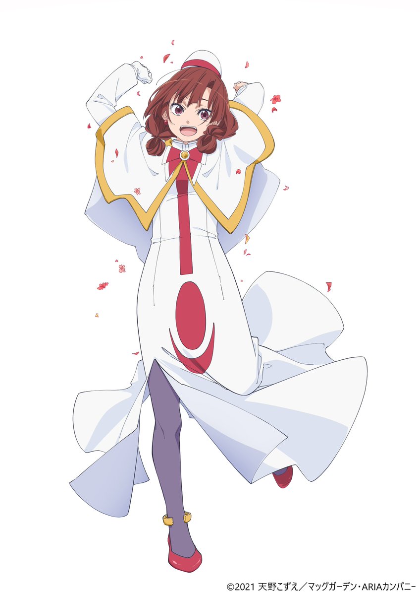1girl :d aria_(manga) arms_up azusa_mclaren bow bowtie brown_eyes brown_hair capelet confetti copyright_name copyright_notice dress eyelashes folded_hair full_body gloves gold_trim hat himeya_company_uniform itou_youko long_dress long_hair long_sleeves looking_at_viewer official_art open_mouth pantyhose purple_pantyhose red_bow red_bowtie red_footwear second-party_source side_slit simple_background single_glove smile solo standing standing_on_one_leg twintails white_background white_capelet white_dress white_gloves white_hat