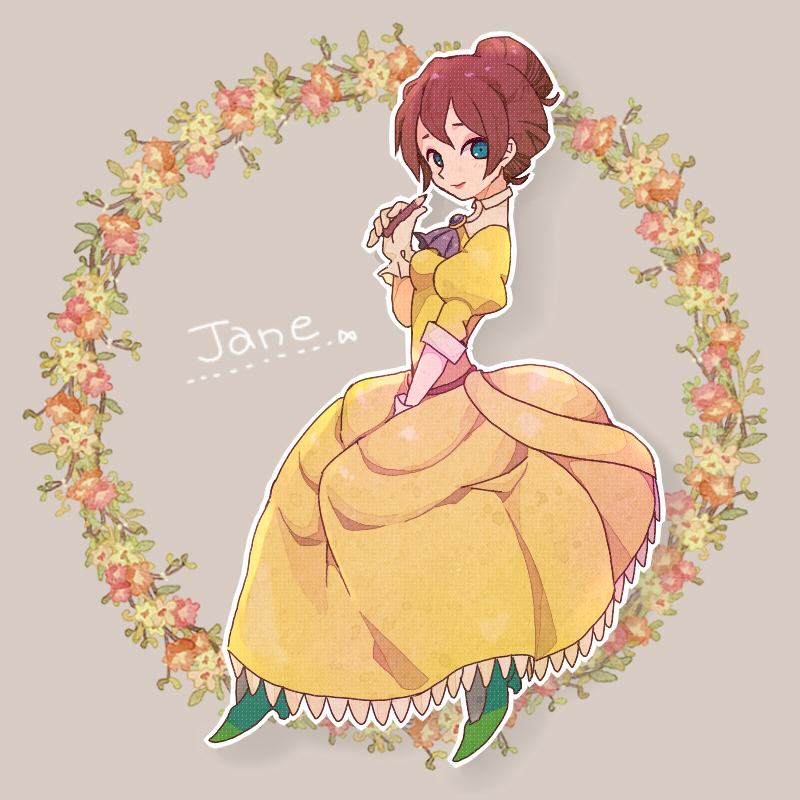 1girl blue_eyes blush brown_hair disney dress eyelashes female_focus flower full_body gloves grey_background hair_bun jane_porter pen simple_background single_hair_bun solo srmrms tarzan