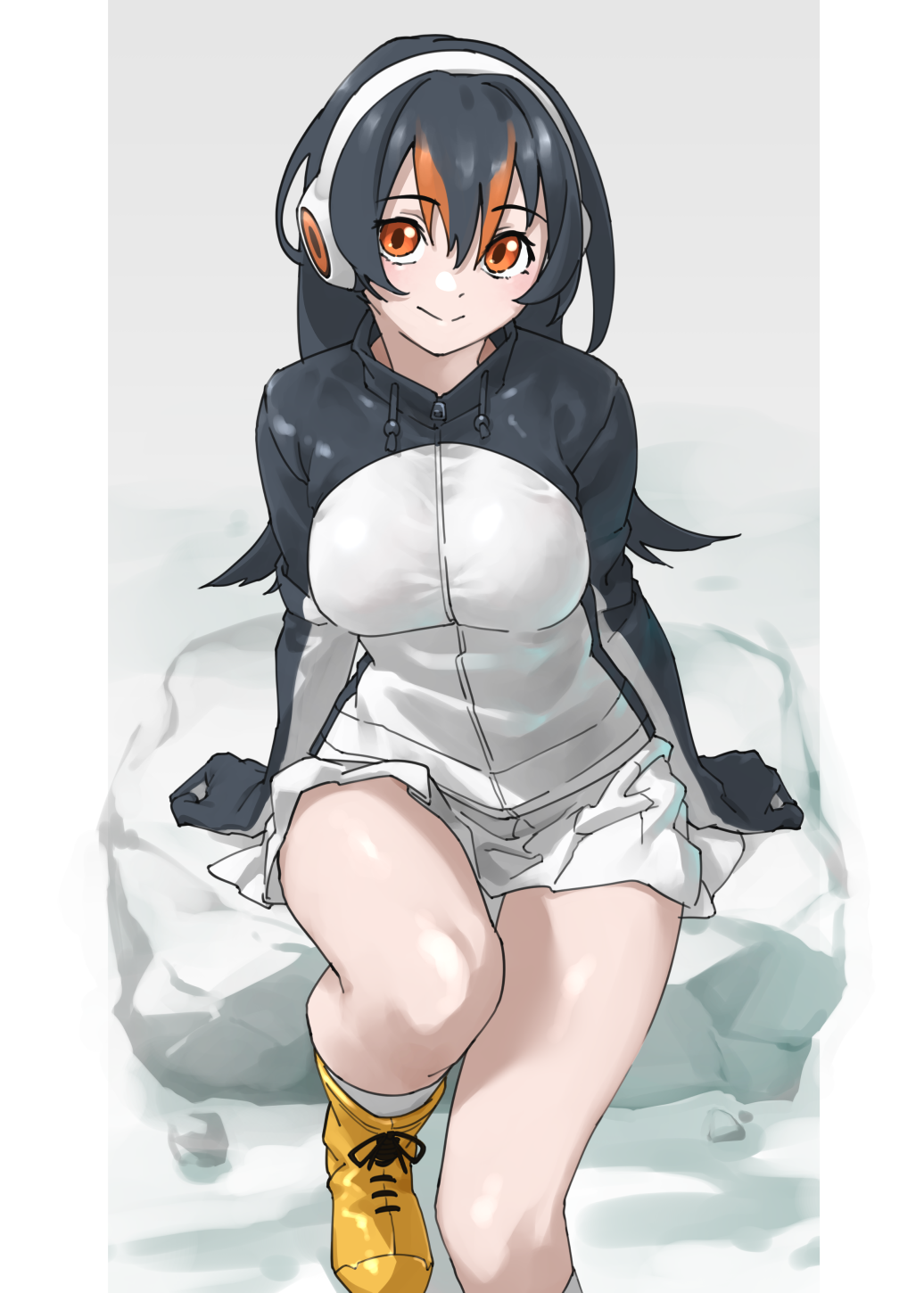 1girl arm_support black_hair black_jacket boots breasts closed_mouth commentary_request gentoo_penguin_(kemono_friends) hair_between_eyes headphones highres jacket kemono_friends knee_up letterboxed long_hair looking_at_viewer miniskirt multicolored_hair multicolored_jacket orange_eyes orange_hair pleated_skirt sitting skirt smile solo streaked_hair tanabe_(fueisei) white_jacket white_skirt yellow_boots