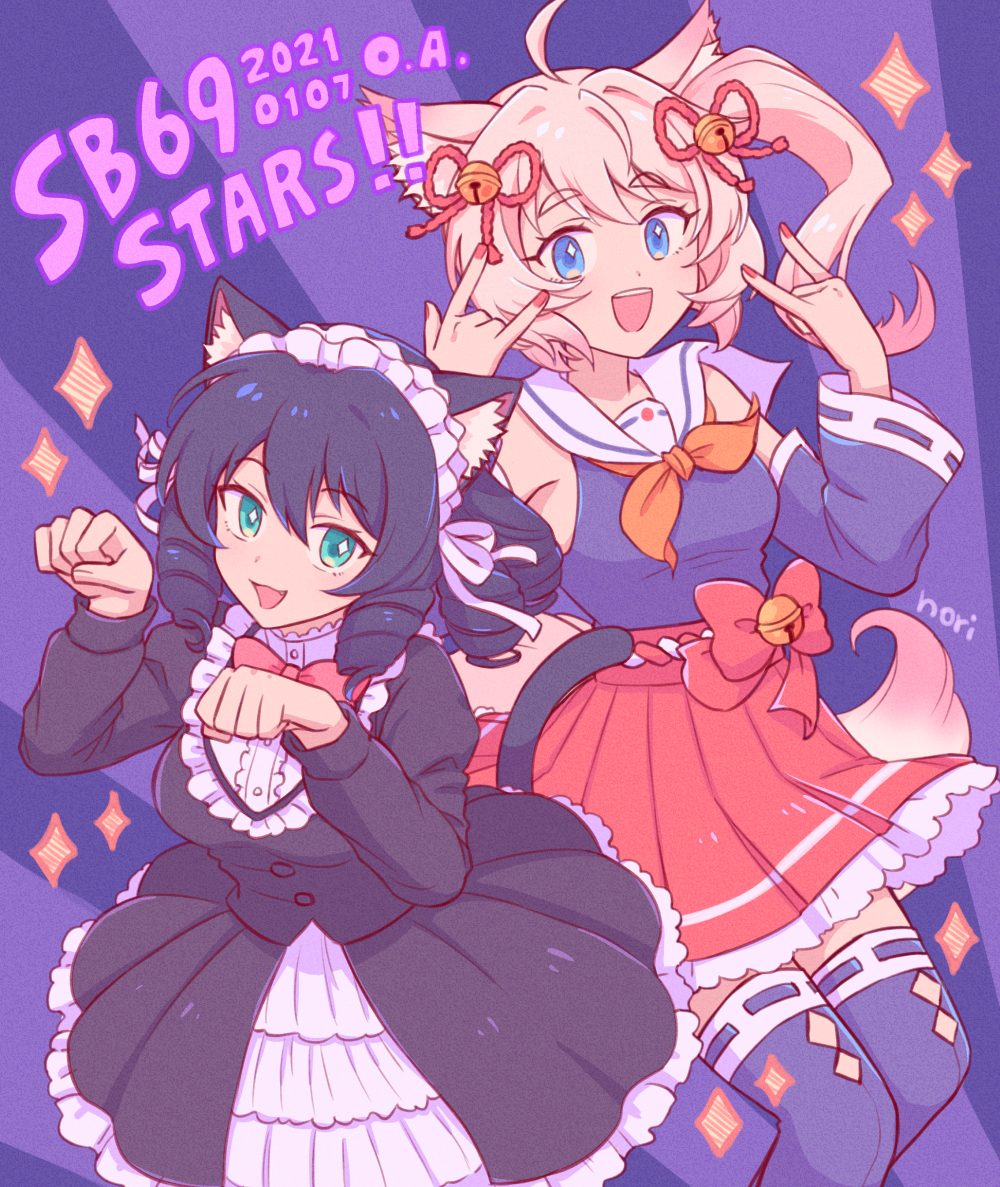 2girls :d \m/ ahoge animal_ears aqua_eyes artist_name bell black_dress blue_eyes blue_hair blue_shirt blue_thighhighs bow bowtie cat_ears cat_girl cat_tail center_frills chiyo_nori copyright_name cyan_(show_by_rock!!) dated detached_sleeves dress drill_hair feet_out_of_frame fox_ears fox_girl fox_tail frilled_dress frilled_hairband frilled_skirt frills hair_bell hair_ornament hairband hands_up howan_(show_by_rock!!) looking_at_viewer multiple_girls neckerchief open_mouth orange_neckerchief paw_pose pink_bow pink_bowtie pink_hair pink_nails purple_background red_skirt shirt short_hair show_by_rock!! side_ponytail signature skirt sleeveless sleeveless_shirt smile striped_background tail thighhighs white_hairband white_skirt
