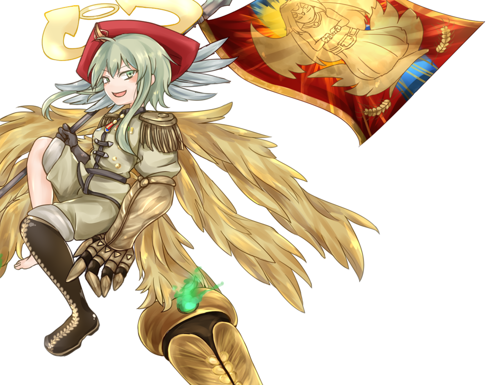 1girl ahoge angel angel_wings arrow_(symbol) barefoot black_gloves blonde_hair boots character_print commentary_request epaulettes feathered_wings flag full_body gauntlets gloves glowing green_eyes hair_between_eyes halo holding holding_flag holding_polearm holding_weapon ilias jacket knee_boots looking_at_viewer medal mon-musu_quest! mon-musu_quest:_paradox multiple_halos multiple_wings open_mouth over_shoulder pippi_(ku_ro_do_zorizo_to) polearm red_headwear shorts sidelocks simple_background single_bare_foot single_gauntlet single_knee_boot sitting smile solo weapon white_background white_jacket white_shorts wings zion_(mon-musu_quest!)