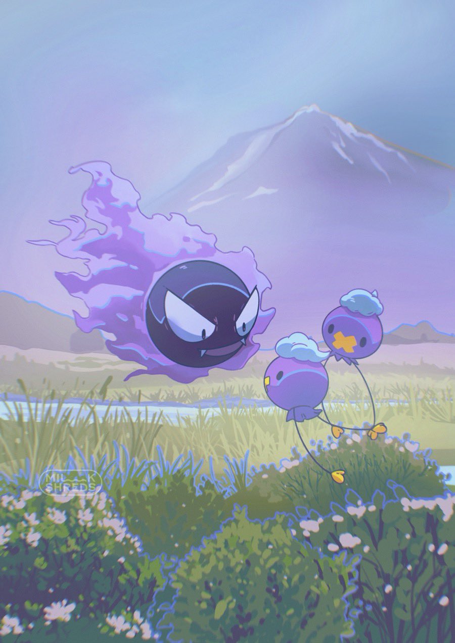 artist_name commentary drifloon fangs floating game_freak gastly gen_1_pokemon gen_4_pokemon grass highres milkshreds mountain nintendo no_humans open_mouth outdoors pokemon pokemon_(creature) solid_oval_eyes symbol-only_commentary