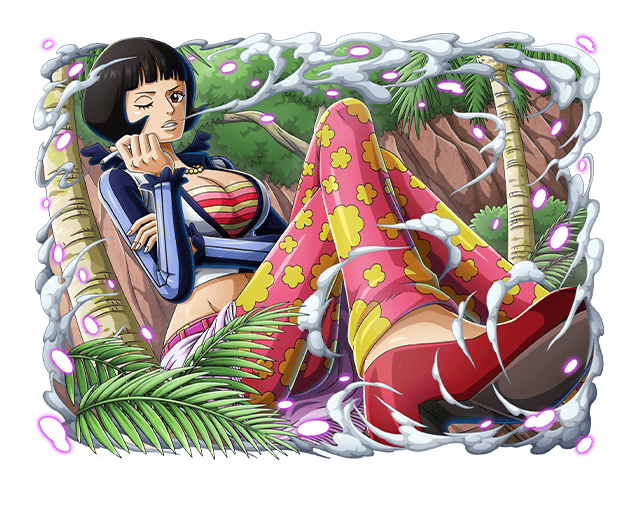 1girl black_hair blue_jacket blunt_bangs breasts brown_eyes cigarette cleavage commentary english_commentary hair_over_one_eye holding holding_cigarette jacket jewelry large_breasts long_sleeves necklace official_art one_piece one_piece_treasure_cruise outdoors pants red_shoes shakuyaku_(one_piece) shoes short_hair sitting smoke smoking solo teeth
