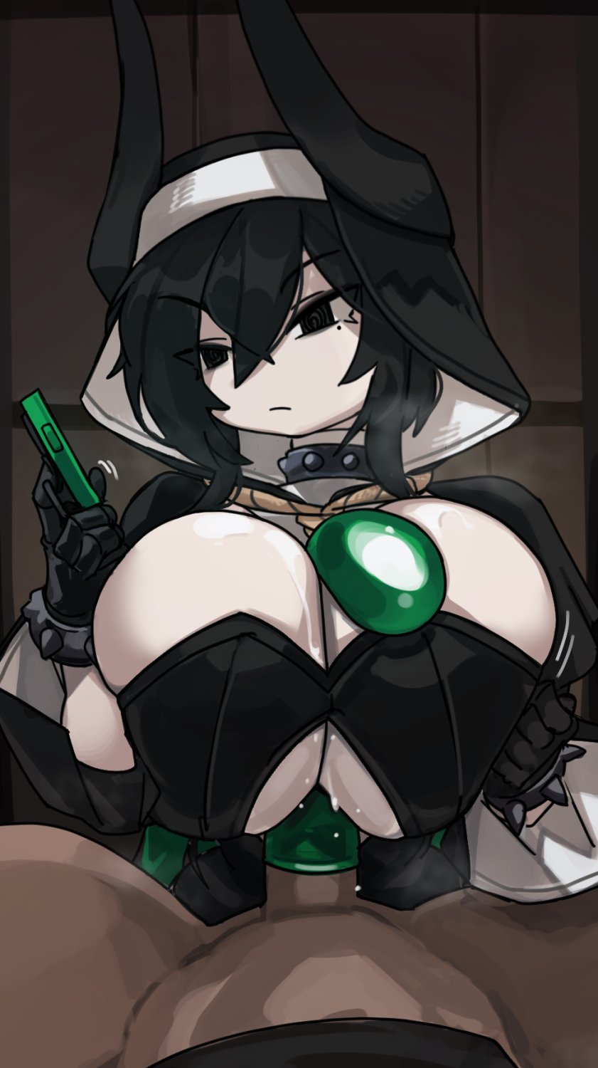 1boy 1girl black_eyes black_gloves black_hair breasts cellphone cleavage closed_mouth clothing_cutout collar condom empty_eyes gloves grabbing_own_breast highres holding holding_phone huge_breasts looking_at_phone looking_to_the_side motion_lines paizuri paizuri_under_clothes pale_skin phone simple_background smartphone solo_focus spiked_collar spikes underboob underboob_cutout wooden_wall zanamaoria