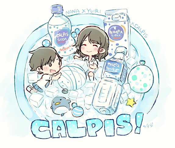 2girls :&gt; ^_^ akb48 artist_name bird black_hair blue_neckwear blue_skirt calpis character_name chibi closed_eyes collared_shirt ice ice_cube long_hair multiple_girls murayama_yuiri necktie o_o okada_nana penguin real_life shirt short_hair short_sleeves skirt star_(symbol) taneda_yuuta v-shaped_eyebrows wading_pool water_balloon white_shirt