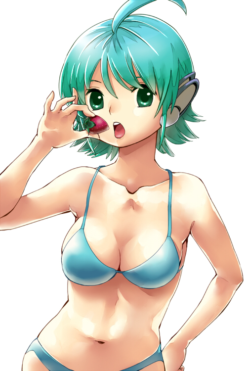 1girl aqua_hair bad_id bad_pixiv_id bikini dream_c_club dream_c_club_(series) dream_c_club_zero food fruit green_eyes medamayaki nonono_(dream_c_club) robot_ears short_hair strawberry swimsuit