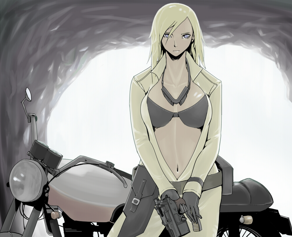 ammunition bikini bikini_under_clothes blonde_hair blue_eyes breasts bullet eva_(metal_gear) female_focus gun handgun handgun_cartridge kishuu large_breasts metal_gear_(series) metal_gear_solid_3:_snake_eater motor_vehicle motorcycle pistol shansi_type_17 solo stripper_clip swimsuit weapon