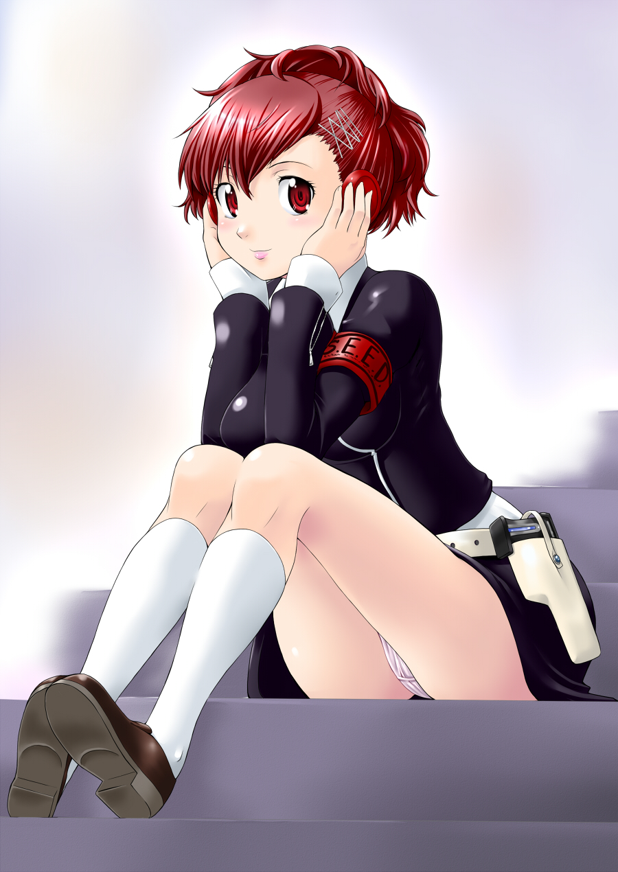 1girl armband atlus breasts evoker female_focus hair_ornament hair_up headphones highres holster listening_to_music looking_at_viewer medium_breasts panties pantyshot persona persona_3 persona_3_portable red_eyes red_hair school_uniform shiomi_kotone sitting sitting_on_stairs smile socks solo stairs underwear white_socks yaso_shigeru