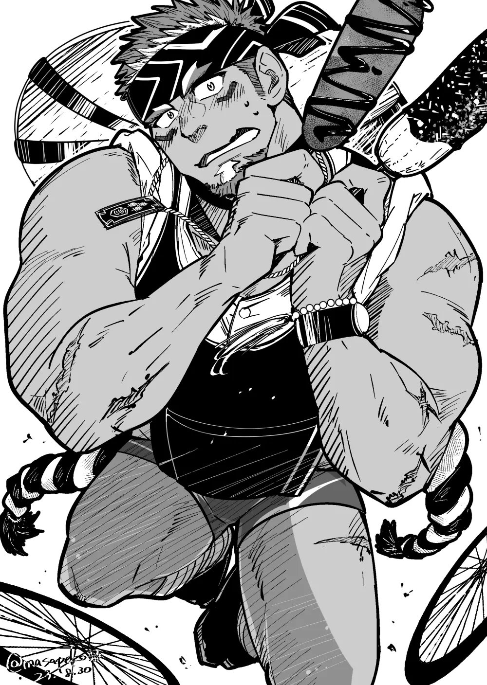 1boy bara blush dark-skinned_male dark_skin facial_hair food food_request from_above full_body goatee greyscale hat_on_back head_tilt highres holding holding_food live_a_hero long_sideburns looking_at_viewer male_focus masapeko mature_male micro_shorts monochrome muscular muscular_male official_alternate_costume rickshaw_puller_cosplay shaft_(live_a_hero) short_hair shorts sideburns thick_eyebrows thighs wavy_mouth
