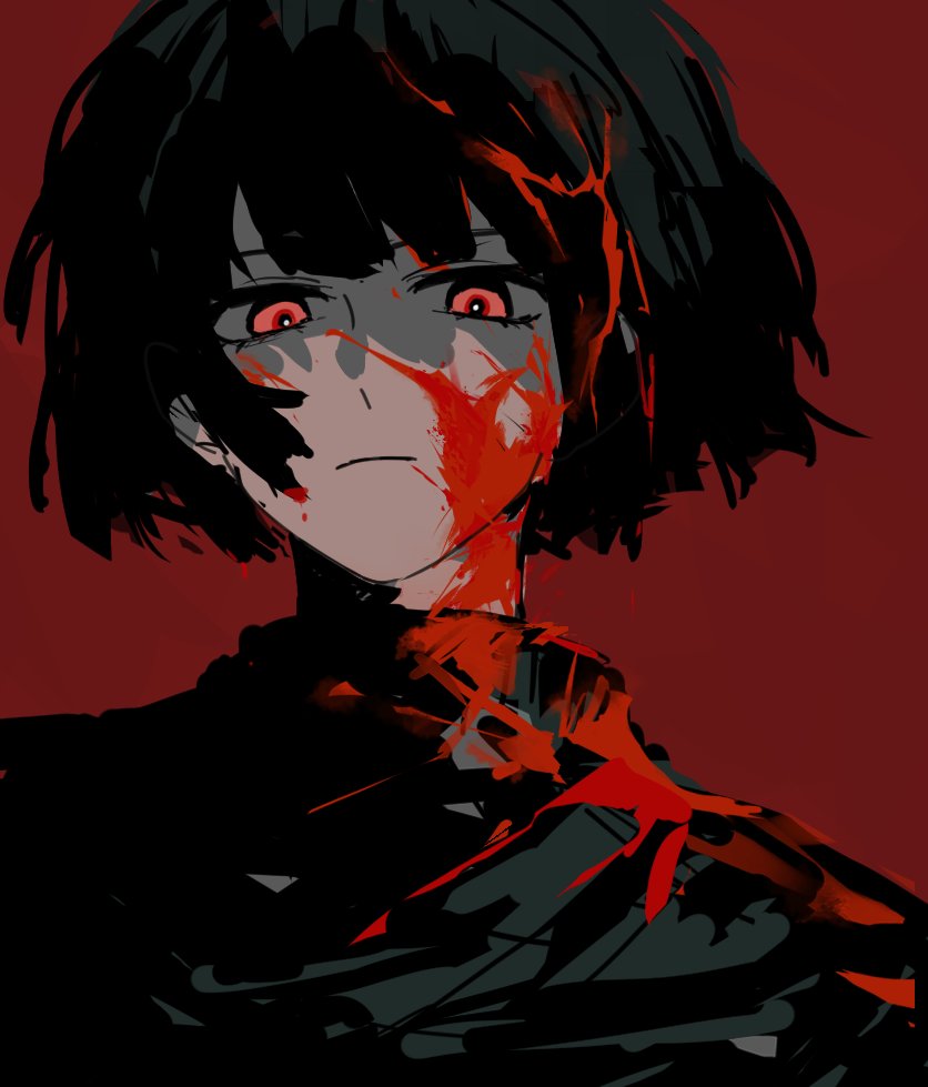 1girl black_jacket blood blood_in_hair blood_on_clothes blood_on_face bob_cut collared_jacket jacket light_frown limbus_company looking_at_viewer munh422 portrait project_moon red_background red_eyes ryoshu_(project_moon) shi_association_south_uniform short_hair simple_background solo wispy_bangs