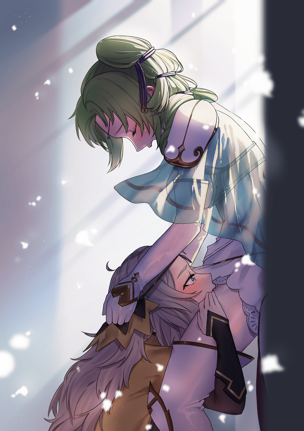 2girls ahoge ao_haruki armor blonde_hair breasts cape capelet circlet closed_eyes commission commissioner_upload cunnilingus fire_emblem fire_emblem:_the_sacred_stones fire_emblem_fates gloves green_capelet green_hair grey_eyes highres holding_another&#039;s_leg l&#039;arachel_(fire_emblem) long_hair medium_breasts moaning multiple_girls nintendo open_mouth ophelia_(fire_emblem) oral shoulder_armor skeb_commission skirt tears twintails white_skirt yellow_cape yuri