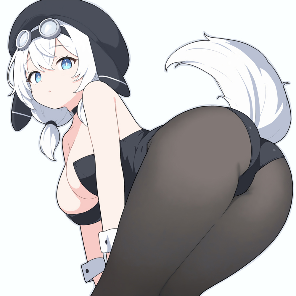 1girl :o animal_ears ass bare_shoulders bent_over black_choker black_hat black_leotard black_pantyhose blue_eyes breasts choker cleavage goggles goggles_on_head hat large_breasts leotard looking_at_viewer low_twintails mochiko-san_(voicevox) nontraditional_playboy_bunny pantyhose playboy_bunny simple_background solo strapless strapless_leotard suuchi_maigo_(nan) tail twintails voicevox white_background white_hair wrist_cuffs