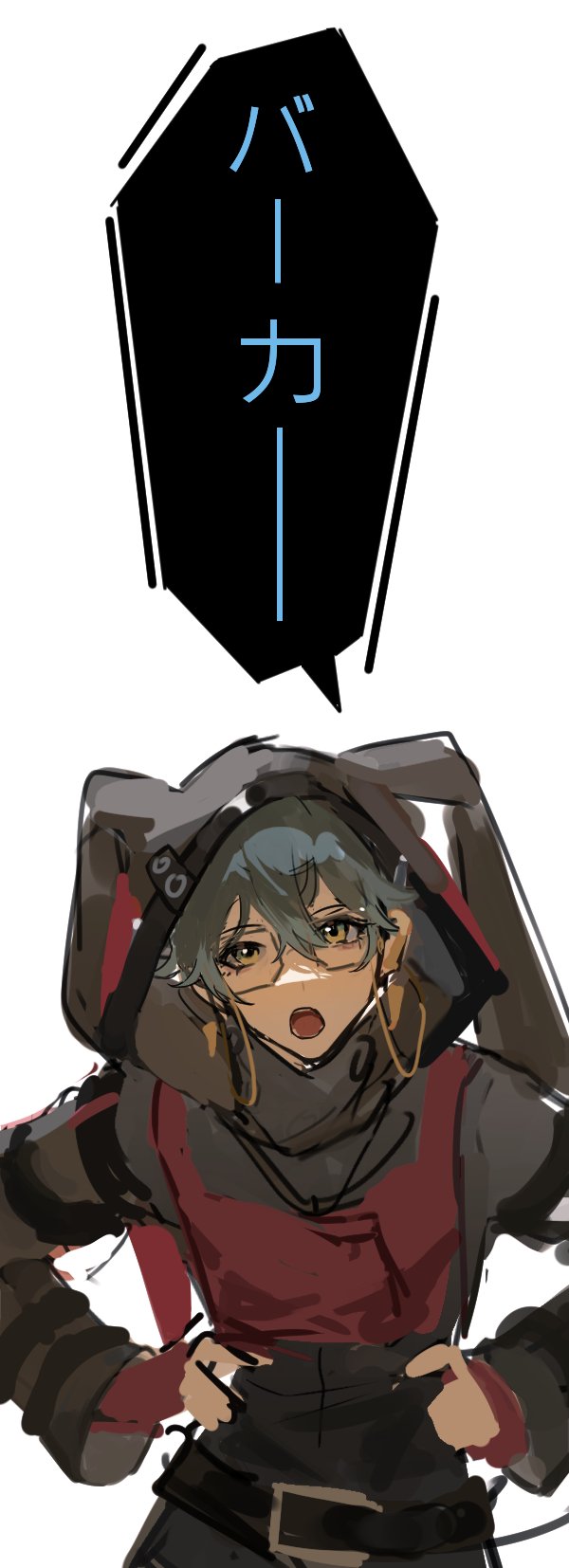 1boy animal_hood belt black_belt black_dress blue_hair commentary cosplay crossdressing dress effole_(fairy_fencer_f) effole_(fairy_fencer_f)_(cosplay) eyewear_strap fairy_fencer_f fingerless_gloves glasses gloves hair_between_eyes hands_on_own_hips high_collar highres hood hood_up ike_eveland long_sleeves looking_at_viewer male_focus multicolored_dress nijisanji nijisanji_en open_mouth rabbit_hood red_dress red_gloves short_hair simple_background sketch solo song_(v3wm9a701fvqjxf) speech_bubble translated upper_body virtual_youtuber white_background yellow_eyes