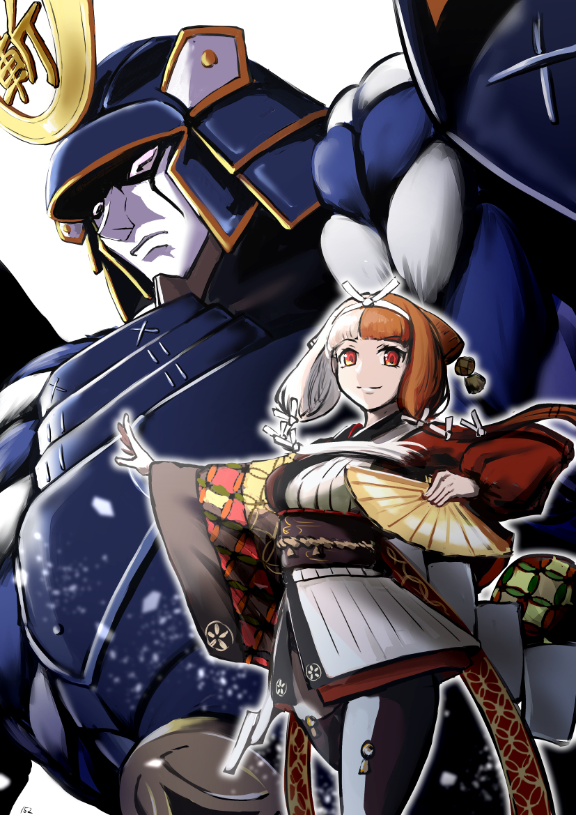 152_in_can 1girl armor asymmetrical_clothes brown_eyes fate/grand_order fate_(series) hand_fan helmet izumo_no_okuni_(fate) japanese_armor japanese_clothes kabuto_(helmet) kimono multicolored_hair obi oobari_masami_(style) outstretched_arm sash short_hair split-color_hair thighhighs two-tone_hair white_background wide_sleeves zanzaburou_(fate)