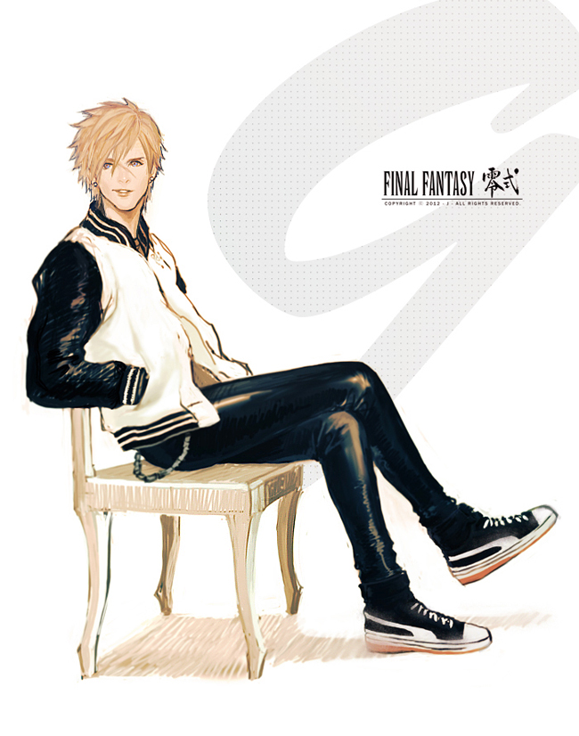 1boy blonde_hair blue_eyes casual chair final_fantasy final_fantasy_type-0 hands_in_pockets j_(onose1213) letterman_jacket male_focus nine_(fft-0) scar shoes sitting sneakers solo