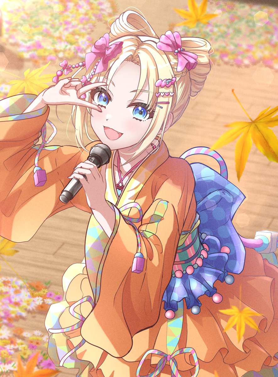 1girl :d aqua_sash blonde_hair bow bow-shaped_hair citrusmikan collarbone commentary cowboy_shot curtained_hair dress fang frilled_dress frills hair_bow hair_ornament heart heart_hair_ornament highres identity_(love_live!) japanese_clothes kimono kimono_dress link!_like!_love_live! long_sleeves looking_at_viewer love_live! obi obiage obijime official_alternate_costume official_alternate_hairstyle open_mouth orange_kimono osawa_rurino parted_bangs pink_bow sash short_hair smile solo striped_sash two-tone_sash v v_over_eye vertical-striped_sash virtual_youtuber wide_sleeves
