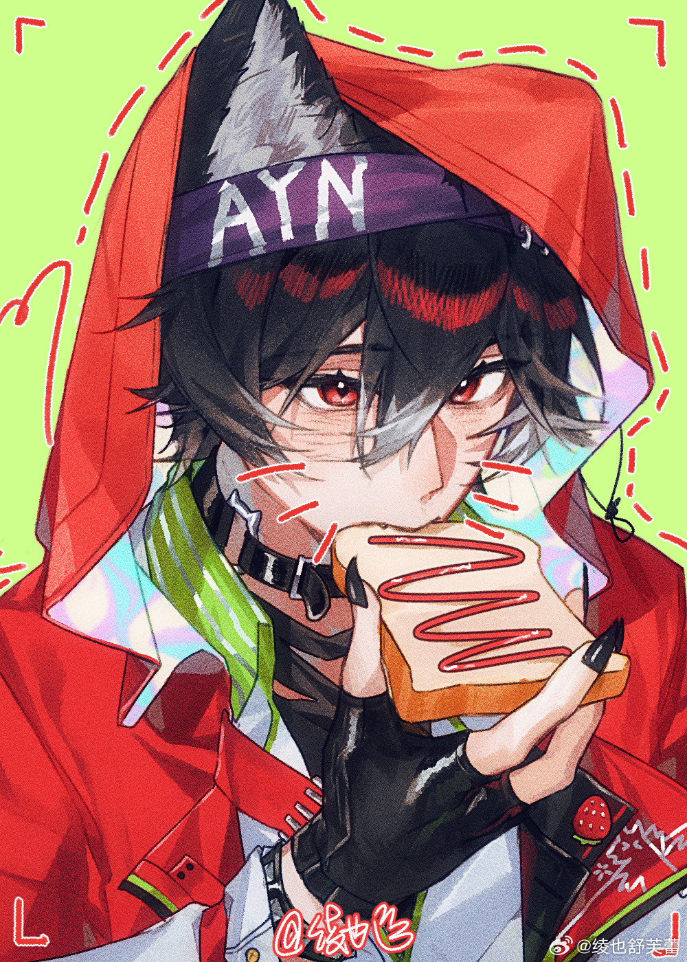 1boy animal_ears ayn_alwyn ayn_alwyn_(spirit_world) belt_collar black_collar black_gloves black_hair black_nails black_undershirt blush bread bread_slice chinese_commentary collar collared_shirt colored_tips drawn_whiskers eating fingerless_gloves fingernails food gloves green_background hair_between_eyes headband highres holding holding_food hood hood_up hooded_jacket jacket lapel_pin ling_ye_shufulei long_sleeves looking_at_viewer lovebrush_chronicles male_focus multicolored_hair official_alternate_costume outline purple_headband red_eyes red_jacket sharp_fingernails shirt short_hair simple_background solo strawberry_brooch toast torn_clothes torn_shirt upper_body upturned_eyes viewfinder watermark weibo_watermark white_shirt wolf_boy wolf_ears