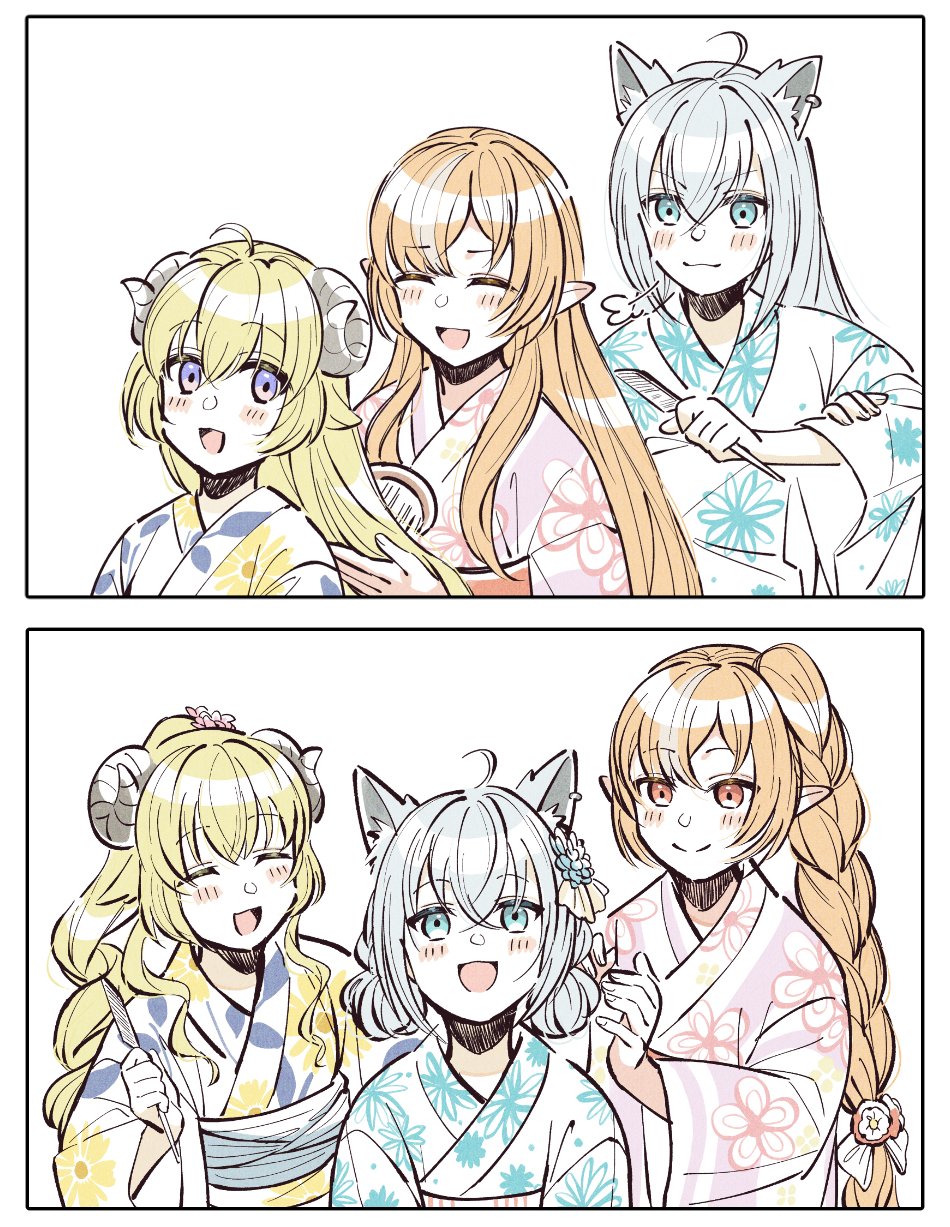 3girls ahoge animal_ears anmochi blonde_hair blue_eyes braid brush brushing_another&#039;s_hair brushing_hair comb double_bun fox_ears hair_bun highres hololive horns japanese_clothes kimono multiple_girls orange_eyes ponytail purple_eyes sheep_horns shirakami_fubuki shiranui_flare smile tsunomaki_watame virtual_youtuber white_hair yukata