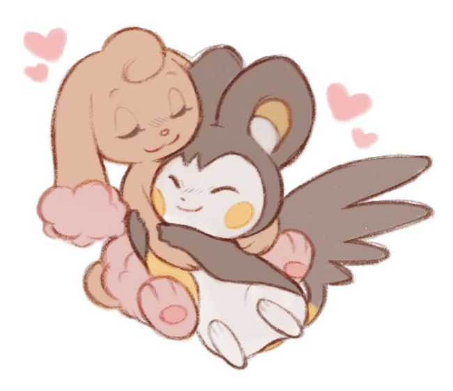 :3 alternate_color animal_focus buneary closed_eyes commentary doekis emolga english_commentary flying_squirrel gen_4_pokemon gen_5_pokemon heart hug nintendo no_humans pokemon pokemon_(creature) rabbit shiny_pokemon simple_background smile squirrel tail white_background