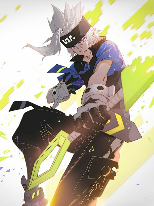 1boy aotu_world black_gloves black_headband black_pants black_vest blue_shirt gloves grey_(aotu_world) grey_hair hair_between_eyes headband holding holding_sword holding_weapon looking_at_viewer male_focus necktie oten pants purple_eyes shirt shoes short_sleeves smile sneakers solo sword teeth vest weapon white_background white_hair