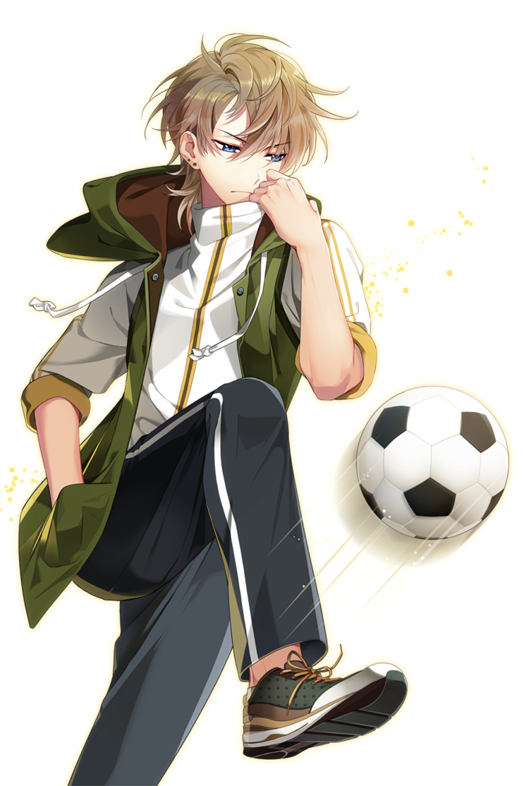 1boy black_pants blue_eyes brown_hair earrings frown hand_in_pocket hand_up hood image_sample jacket jewelry male_focus naver_sample pants shoes sneakers soccer soccer_spirits track_pants transparent_background tuuuh