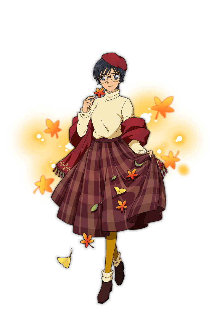 1girl autumn black-framed_eyewear black_hair blue_eyes brown_shoes closed_mouth falling_leaves full_body ginkgo_leaf glasses hat holding holding_leaf kobayashi_sumiko leaf light_particles long_sleeves looking_at_viewer maple_leaf meitantei_conan non-web_source official_art pantyhose red_hat red_scarf red_skirt scarf shoes short_hair skirt skirt_hold smile solo standing sweater transparent_background yellow_pantyhose yellow_sweater
