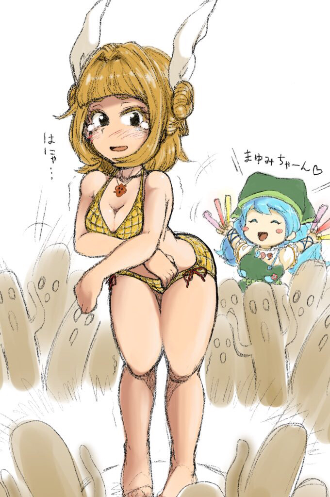 2girls apron arms_under_breasts bikini black_eyes blonde_hair blue_hair blunt_bangs blush blush_stickers bow breasts cleavage commentary_request double_bun full_body glowstick green_apron green_headscarf hair_bow hair_bun haniwa_(statue) haniyasushin_keiki headscarf holding holding_glowstick indoors jewelry joutouguu_mayumi leaning_forward long_hair magatama magatama_necklace medium_breasts multiple_girls necklace open_mouth shika_miso short_hair simple_background smile standing swimsuit tearing_up touhou translation_request white_background white_bow yellow_bikini