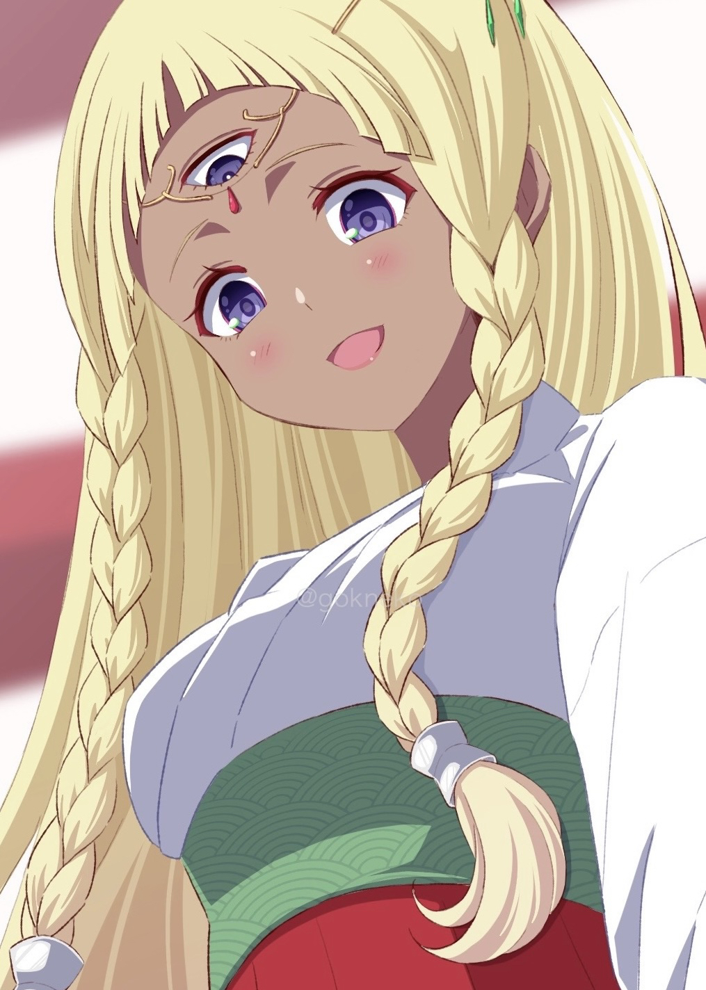 1girl alternate_costume ayanamirio blonde_hair blush braid commentary_request dark-skinned_female dark_skin eupha_(metaphor:_refantazio) highres japanese_clothes lips long_hair looking_at_viewer metaphor:_refantazio miko obi open_mouth pink_lips purple_eyes sash smile solo third_eye twin_braids twitter_username