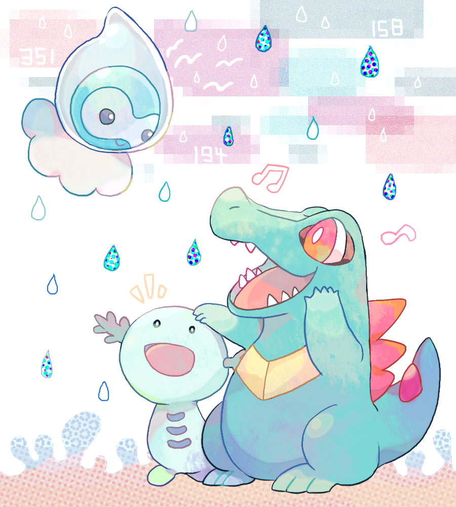 akadako animal_focus arm_up black_eyes bright_pupils castform castform_(rainy) closed_mouth eye_contact floating full_body gen_2_pokemon gen_3_pokemon hand_on_another&#039;s_head happy looking_at_another musical_note nintendo no_humans notice_lines one-hour_drawing_challenge open_mouth pokedex_number pokemon pokemon_(creature) rain red_eyes sharp_teeth smile standing teeth totodile water_drop white_background white_pupils wooper