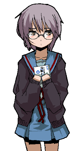 1girl black_cardigan blue_sailor_collar blue_skirt blush brown_eyes cardigan chiisan collarbone glasses kita_high_school_uniform looking_at_viewer lowres nagato_yuki neck_ribbon oekaki open_cardigan open_clothes purple_hair red_ribbon ribbon sailor_collar school_uniform short_hair simple_background skirt solo standing suzumiya_haruhi_no_shoushitsu suzumiya_haruhi_no_yuuutsu white_background winter_uniform