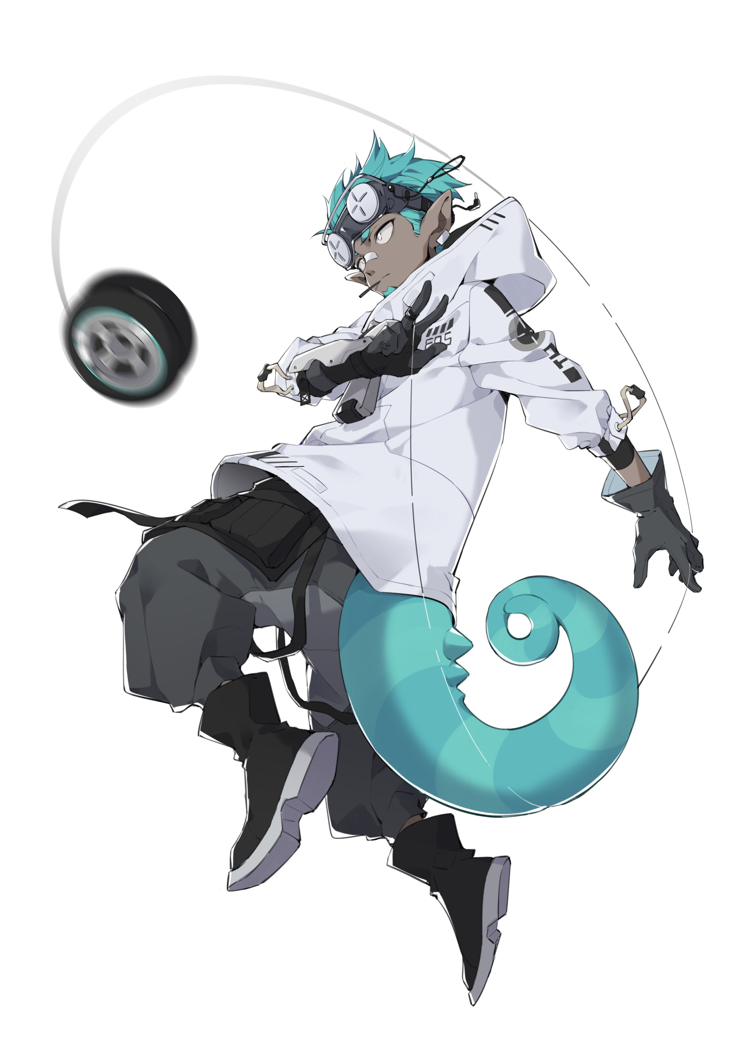 1boy absurdres aqua_hair arknights bandaid bandaid_on_face bandaid_on_nose black_footwear chameleon_tail closed_mouth dark-skinned_male dark_skin ethan_(arknights) gloves goggles goggles_on_head grey_gloves hair_slicked_back highres hood hooded_jacket jacket male_focus oversized_zipper oyo_hitsuji pointy_ears simple_background solo tail white_background white_eyes yo-yo zipper