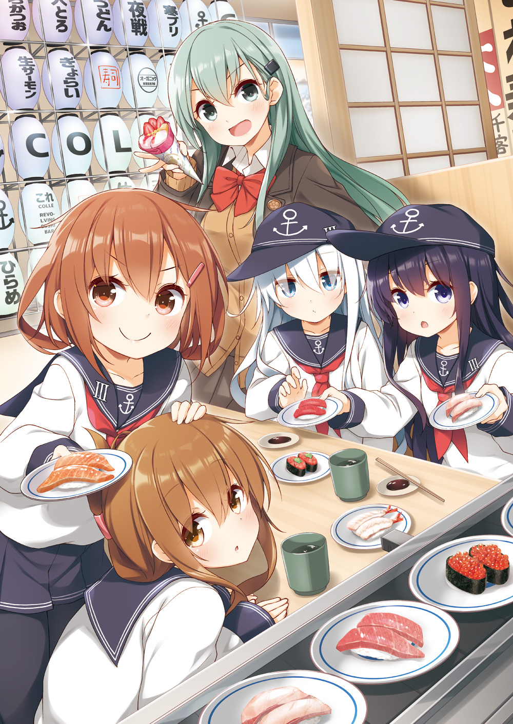 5girls akatsuki_(kancolle) anchor_symbol black_headwear black_pantyhose black_sailor_collar black_skirt blue_eyes blush brown_cardigan brown_eyes brown_hair brown_jacket cardigan chopsticks closed_mouth collared_shirt commentary_request conveyor_belt_sushi crepe cup fish_(food) flat_chest folded_ponytail food fruit green_eyes green_hair grey_hair gunkanmaki hair_between_eyes hair_ornament hairclip hibiki_(kancolle) highres holding holding_crepe holding_food holding_plate ice_cream ikazuchi_(kancolle) ikura_(food) inazuma_(kancolle) indoors jacket kantai_collection long_hair long_sleeves looking_at_viewer multiple_girls neck_ribbon neckerchief nigirizushi nori_(seaweed) open_clothes open_jacket open_mouth pantyhose parted_lips plate pleated_skirt purple_eyes purple_hair red_neckerchief red_ribbon ribbon rice sailor_collar salmon school_uniform serafuku shirt short_hair shrimp skirt smile soy_sauce strawberry sushi suzuya_(kancolle) suzuya_kai_ni_(kancolle) teacup tuna water white_shirt yume_no_owari