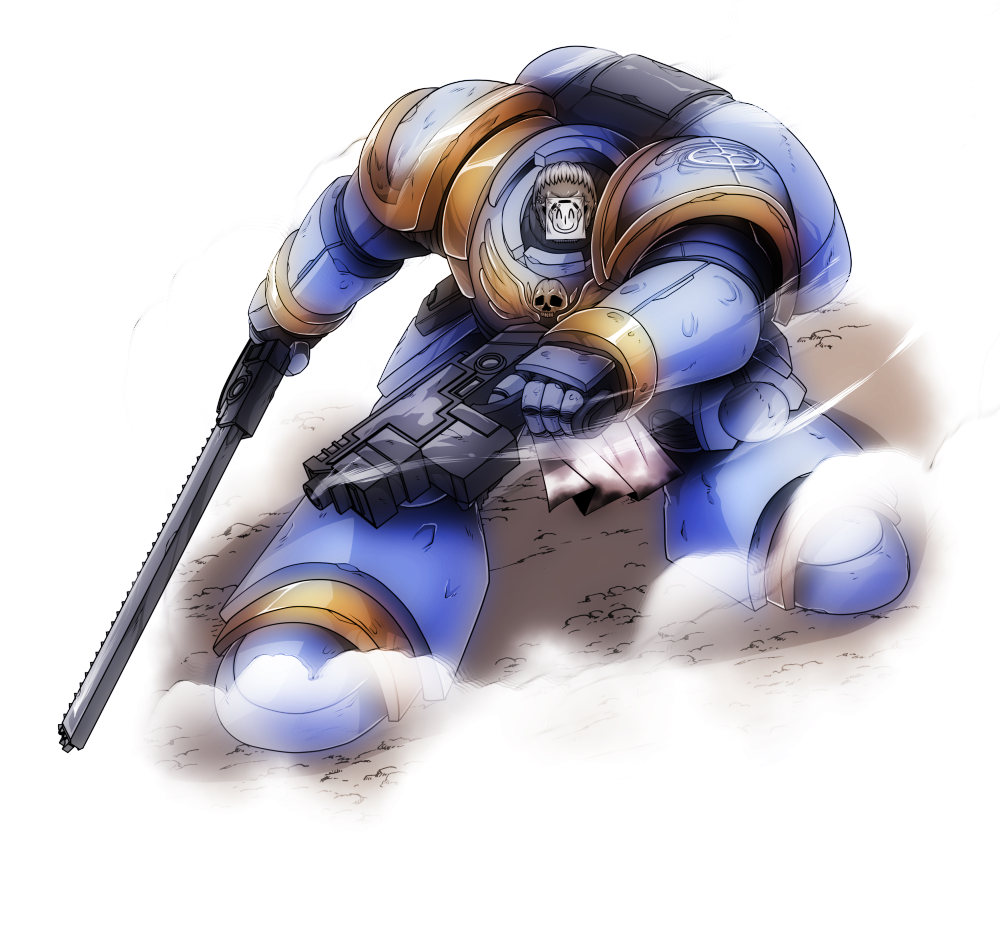 1boy adeptus_astartes armor blue_archive bolt_pistol chainsword commission doodle_sensei_(blue_archive) holding holding_weapon lazy_ant male_focus paper_on_head pauldrons pixiv_commission power_armor sensei_(blue_archive) shoulder_armor solo warhammer_40k weapon