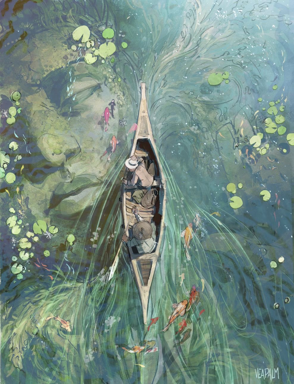 2others artist_request boat buddha fish from_above highres multiple_others original water watercraft