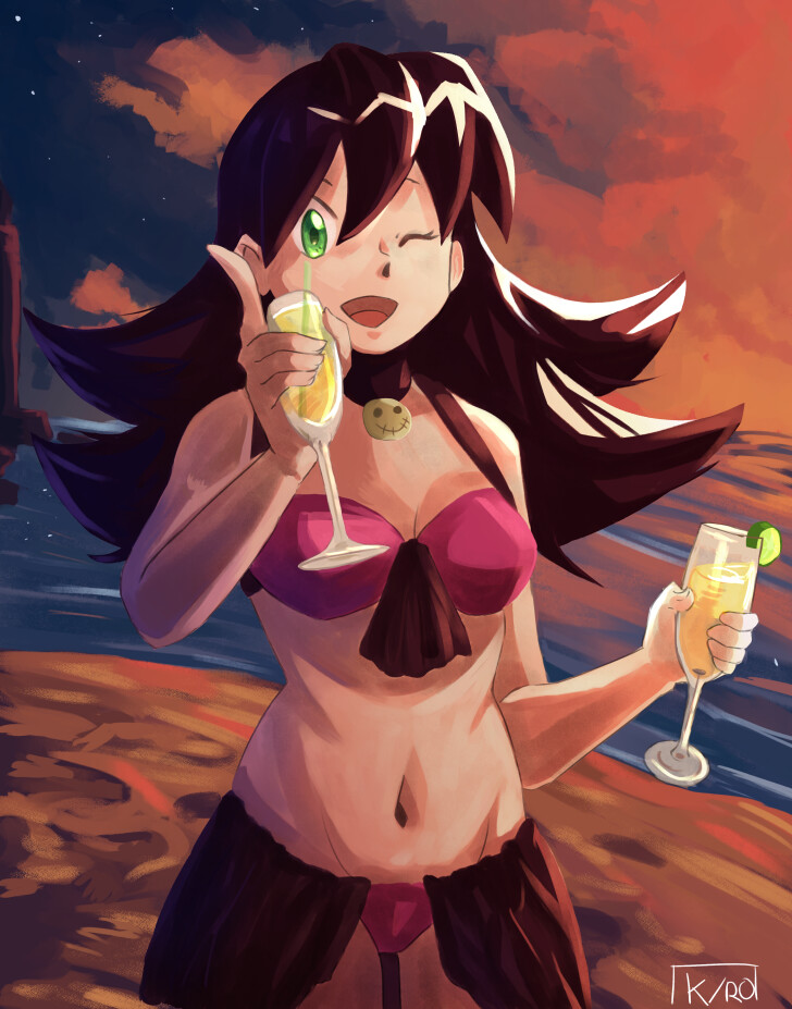1girl bare_shoulders beach bikini breasts brown_hair cocktail_glass cowboy_shot cup drinking_glass food fruit green_eyes holding_glass legs lime_(fruit) long_hair looking_at_viewer luky_greace medium_breasts mega_man_(series) mega_man_legends mega_man_legends_(series) mega_man_x_(series) mega_man_x_dive navel ocean official_alternate_costume one_eye_closed pink_bikini signature smile sunset swimsuit thighs tron_bonne_(mega_man) wink