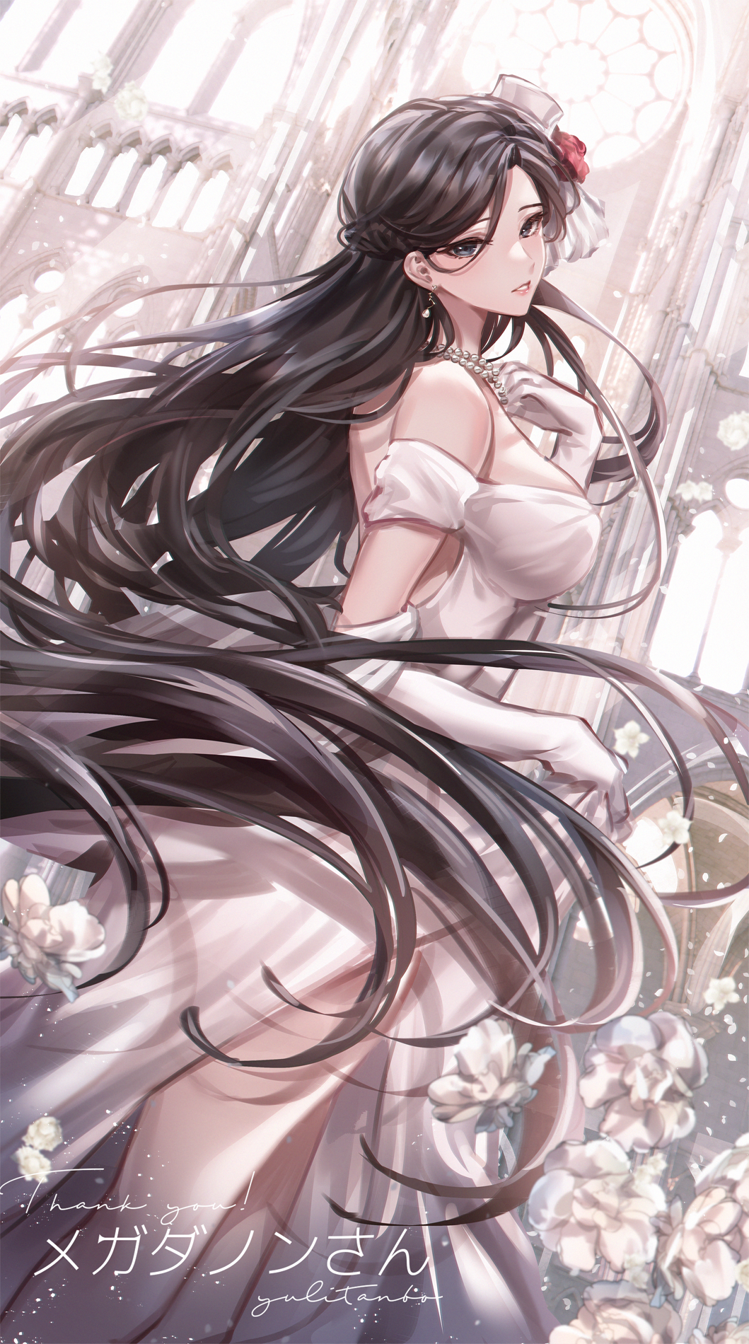 1girl black_hair blue_eyes braid breasts commentary_request commission dress earrings elbow_gloves feet_out_of_frame flower from_side gloves hair_between_eyes hair_spread_out hat highres indoors jewelry large_breasts light_particles long_hair looking_at_viewer looking_to_the_side mini_hat necklace off-shoulder_dress off_shoulder original parted_lips pelvic_curtain sideboob skeb_commission smile standing thank_you translation_request very_long_hair white_dress white_flower white_gloves white_headwear yuli_(yulipo)