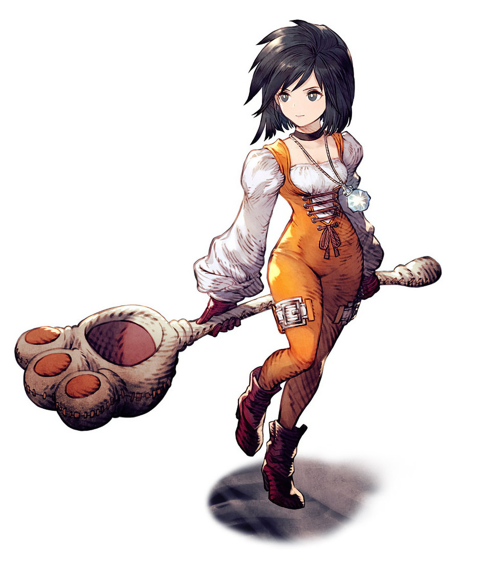 1girl artist_request black_eyes black_hair bodysuit boots breasts corset final_fantasy final_fantasy_ix full_body garnet_til_alexandros_xvii gloves holding holding_weapon jewelry long_hair medium_breasts necklace official_art one_leg_raised orange_bodysuit paw serious square_enix weapon white_background white_iris