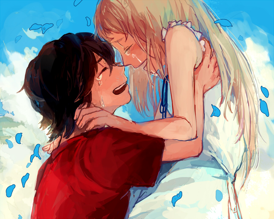 1boy 1girl ano_hi_mita_hana_no_namae_wo_bokutachi_wa_mada_shiranai. blonde_hair blue_petals blue_ribbon blue_sky carrying carrying_person closed_eyes crying dress from_side honma_meiko long_hair minahamu open_mouth red_shirt ribbon shirt short_hair short_sleeves sky sleeveless tears white_dress yadomi_jinta
