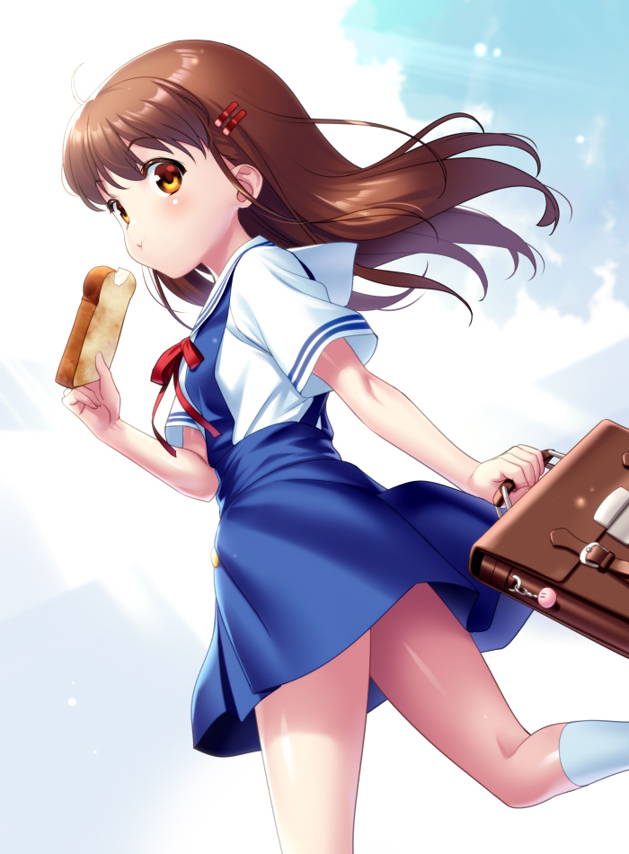 1girl aged_up bag blue_skirt brown_eyes brown_hair clannad commentary_request feet_out_of_frame hair_ornament hairclip hikarizaka_private_high_school_uniform long_hair okazaki_ushio sailor_collar sailor_shirt school_bag school_uniform serafuku shirt skirt socks solo summer_uniform suspender_skirt suspenders white_sailor_collar white_shirt white_socks zen_(kamuro)