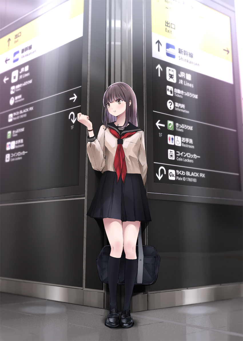 1girl angry artist_name bad_id bad_pixiv_id bag black_eyes blurry chikuwa_(glossymmmk) chikuwa_(odennabe) commentary female_focus hand_up holding indoors kneehighs light loafers long_hair original purple_hair school_bag school_uniform serafuku shoes sign socks solo train_station watch wristwatch