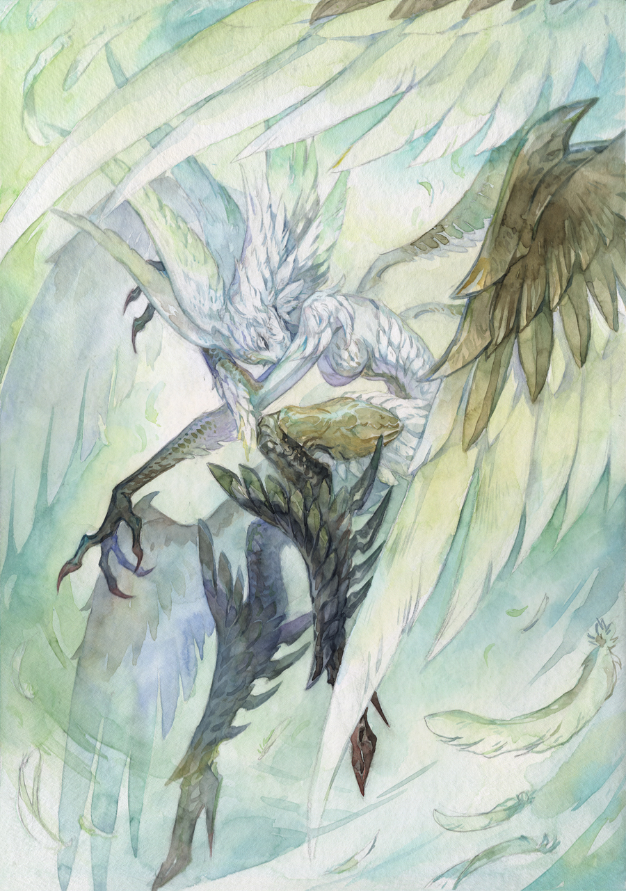 1girl arm_up black_hands black_scales breasts clawed_hands cleavage closed_eyes colored_extremities commentary english_commentary feathers final_fantasy final_fantasy_xiv floating full_body garuda_(final_fantasy) green_feathers green_wings head_bowed head_wings high_heels highres kat_solomko leaning_forward medium_breasts monster_girl narrow_waist scales solo wind wings