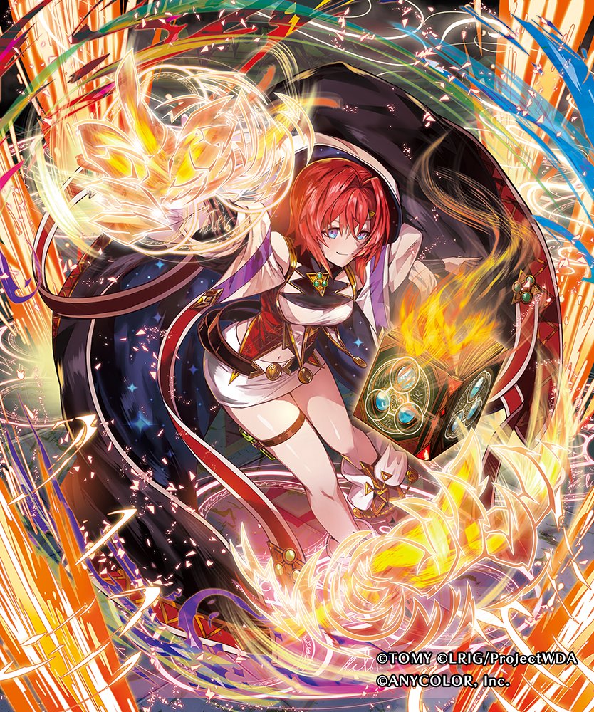 1girl ange_katrina ankle_boots black_boots black_coat blue_eyes book boots breasts casting_spell closed_mouth coat colorful colorful_background commentary_request copyright_notice crossed_bangs fire floating floating_book floating_object full_body gold_trim hair_between_eyes hair_intakes hair_ornament layered_shirt light_particles long_bangs looking_at_viewer magic making-of_available miniskirt moreshan multicolored_eyes navel nijisanji off_shoulder official_alternate_costume official_art open_book outstretched_arms procreate_(medium) purple_eyes red_hair red_shirt shiny_skin shirt short_hair skirt small_breasts smirk solo sparkle test_tube_holster thigh_strap triangle_hair_ornament two-tone_eyes virtual_youtuber white_shirt white_skirt wixoss