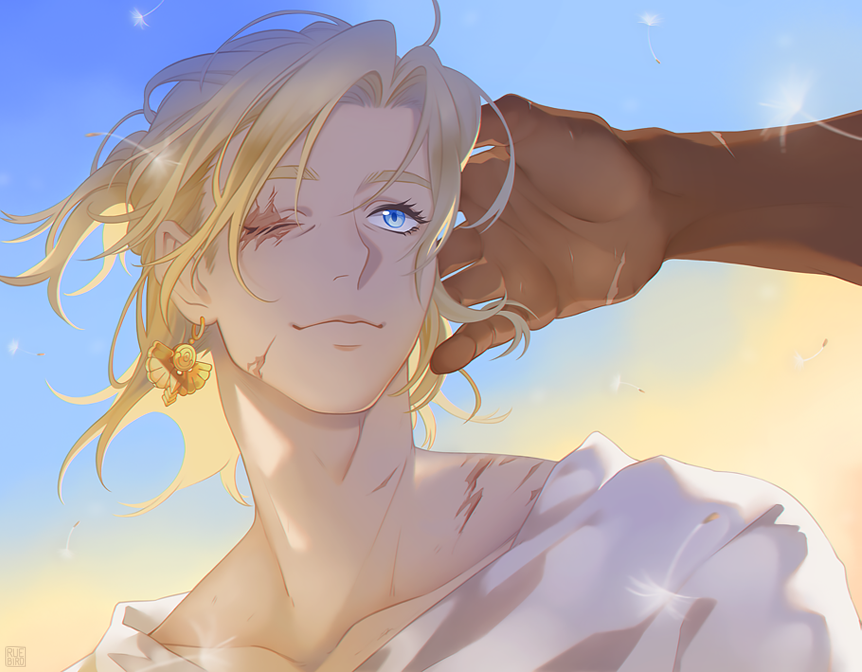 2boys blonde_hair blue_eyes cloud commentary dandelion_seed dedue_molinaro dimitri_alexandre_blaiddyd ear_piercing earrings english_commentary eye_injury facial_scar fire_emblem fire_emblem:_three_houses floating_hair hand_in_another&#039;s_hair jewelry looking_at_another male_focus multiple_boys multiple_scars nintendo one_eye_closed out_of_frame piercing ruebird scar scar_on_arm scar_on_cheek scar_on_face scar_on_shoulder shirt single_earring sky solo_focus upper_body white_shirt yaoi