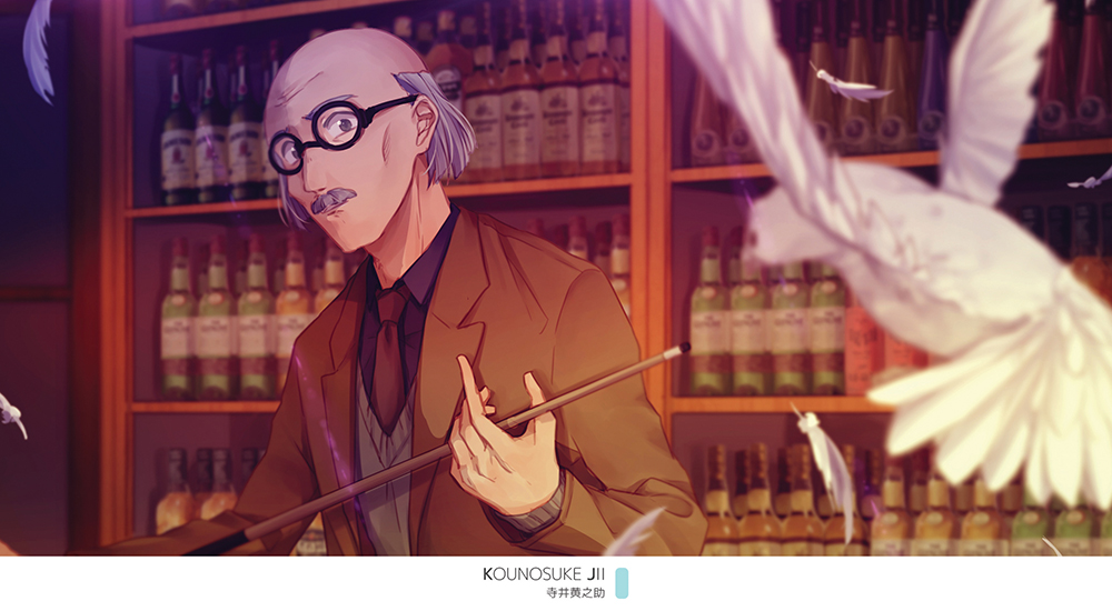 bald bird black-framed_eyewear brown_jacket character_name collared_shirt facial_hair falling_feathers feathers glasses grey_hair grey_sweater holding indoors jacket jii_kounosuke long_sleeves looking_at_viewer magic_kaito male_focus monicanc mustache necktie open_clothes open_jacket purple_shirt red_necktie round_eyewear shirt solo sweater white_feathers wing_collar