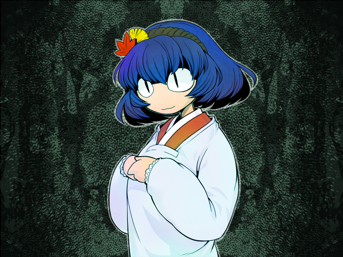 1girl :3 apron asakawa_remon autumn_leaves blue_hair closed_mouth commentary_request green_background hair_ornament kappougi leaf leaf_hair_ornament short_hair slit_pupils smile snake-eyed_kanako solo touhou upper_body yasaka_kanako